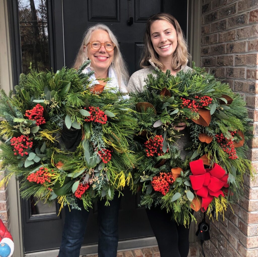 Ruth and Julie Claire with Christmas Wreaths